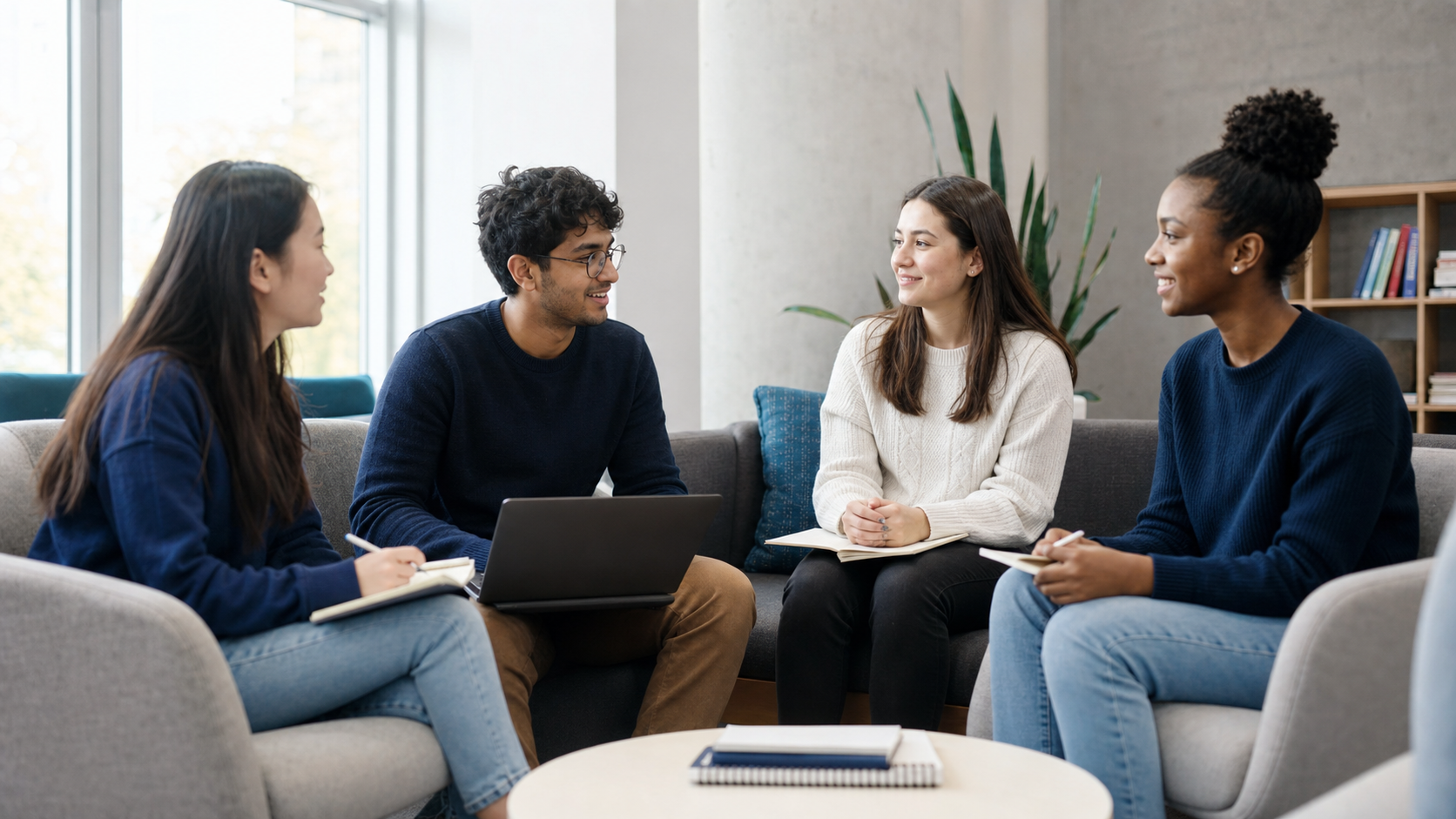 Students having a supportive conversation in a campus common room