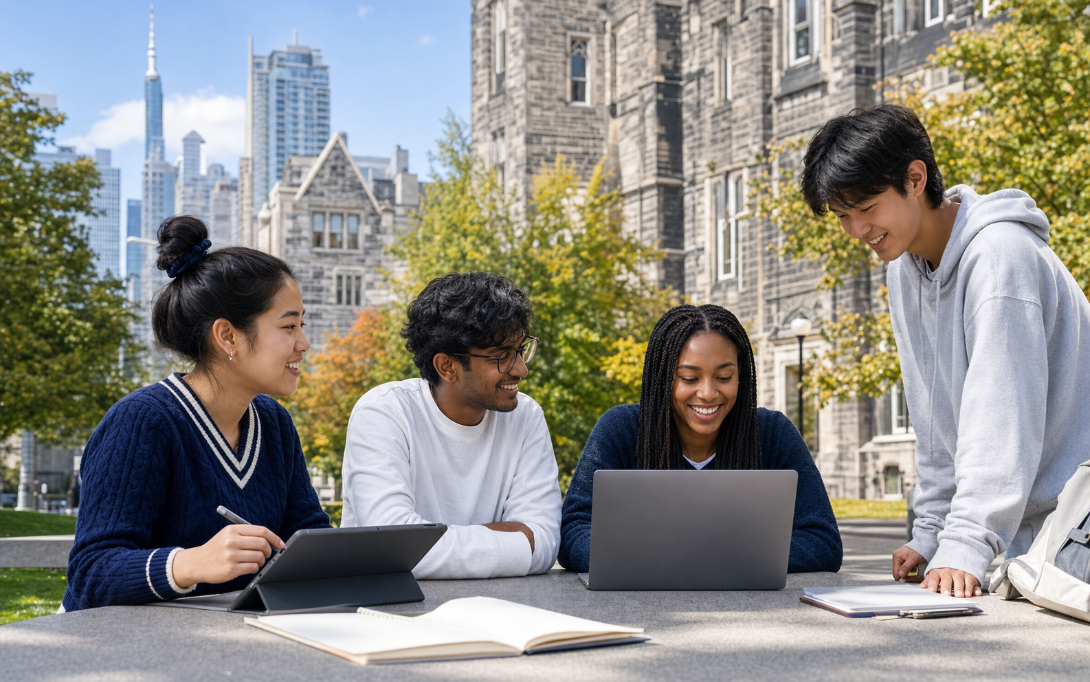 University students collaborating outdoors on campus